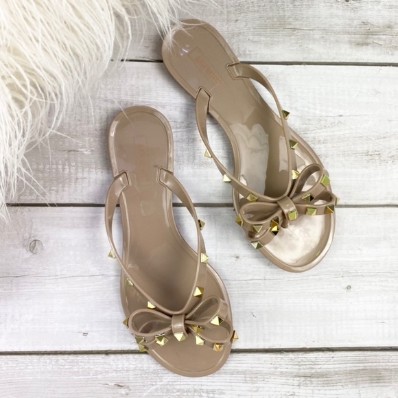 Shoes - Jelly Studded Flip Flops with bows in tan